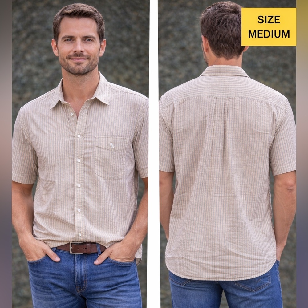 Roundtree & yorke Men's Beige Striped Shirt MEDIUM no stains or wear